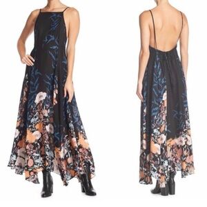 Free People Small Floral Spaghetti-Strap Navy Blue Maxi Dress